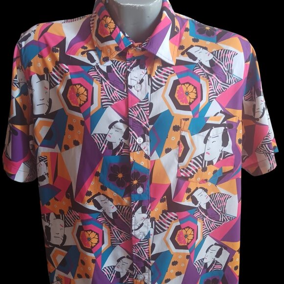 Men's XL Samurai Japanese Print Shirt Short Sleeve Abstract Just Attitude - Picture 1 of 5